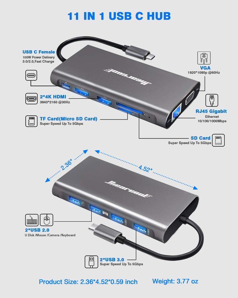 Hiearcool محطة إرساء USB-C للكمبيوتر المحمول، محطة عرض ثلاثية مع HDMI بدقة 4K وVGA بدقة 1080p، محطة USB-C متعددة الوظائف 11 في 1 مع Ethernet، شحن 100 واط للمكتب المنزلي - Image 3